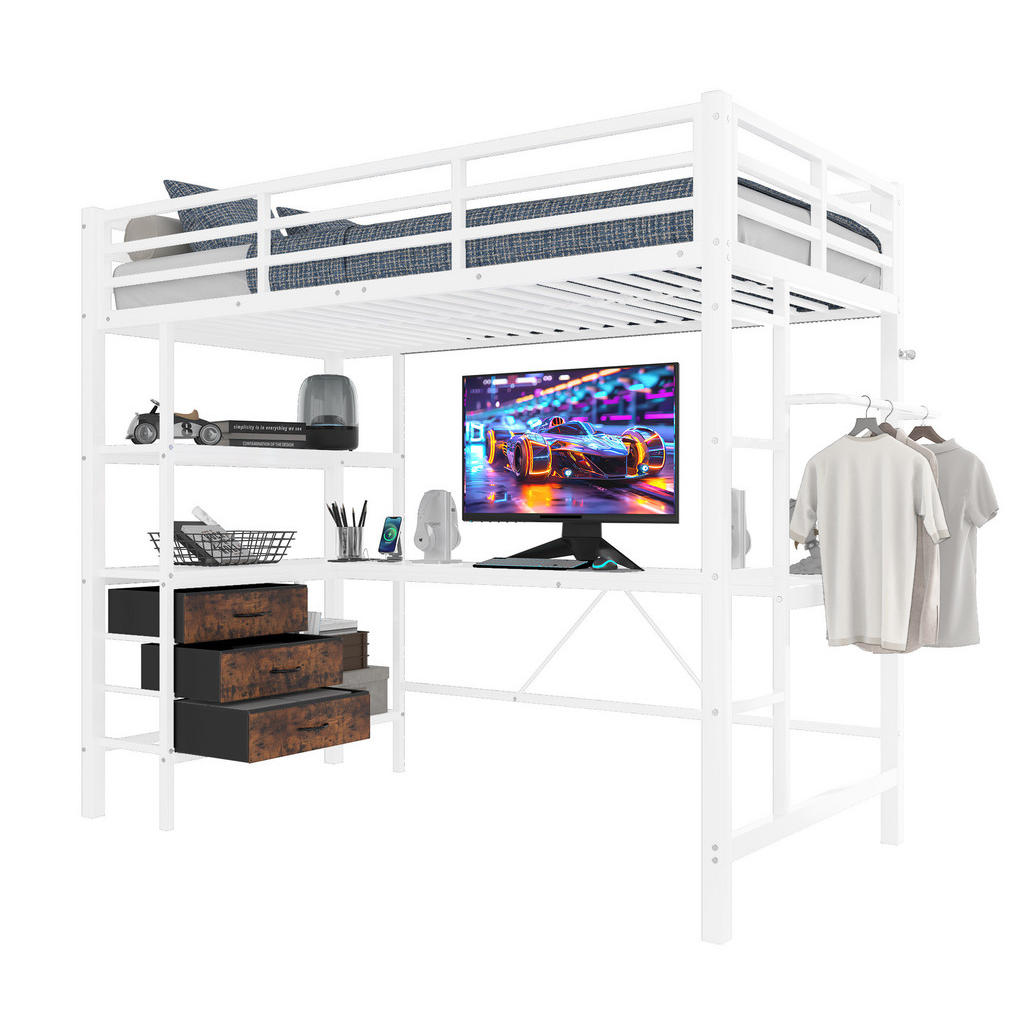 Modfu PATROVÁ postel z kovu a MDF 90x200 cm bílá s LED osvětlením, stolem, USB a 3 zásuvkami