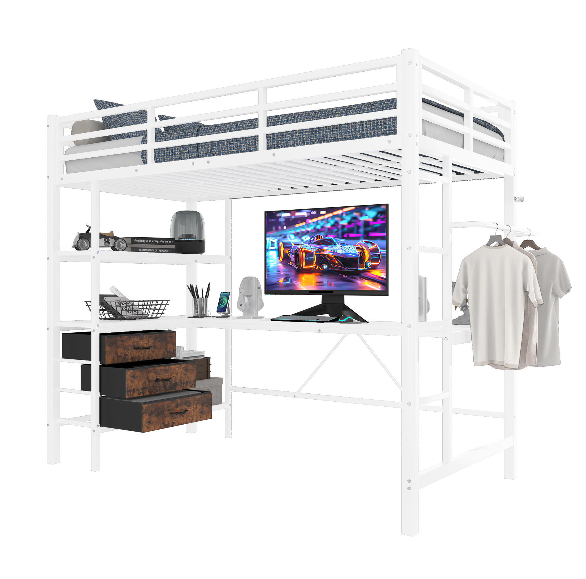 HOCHBETT aus Metall und MDF 90x200 cm Weiß mit LED-Beleuchtung, Schreibtisch, USB-Anschluss und 3 Schubladen - Weiß, Metall (140/200cm) - Modfu