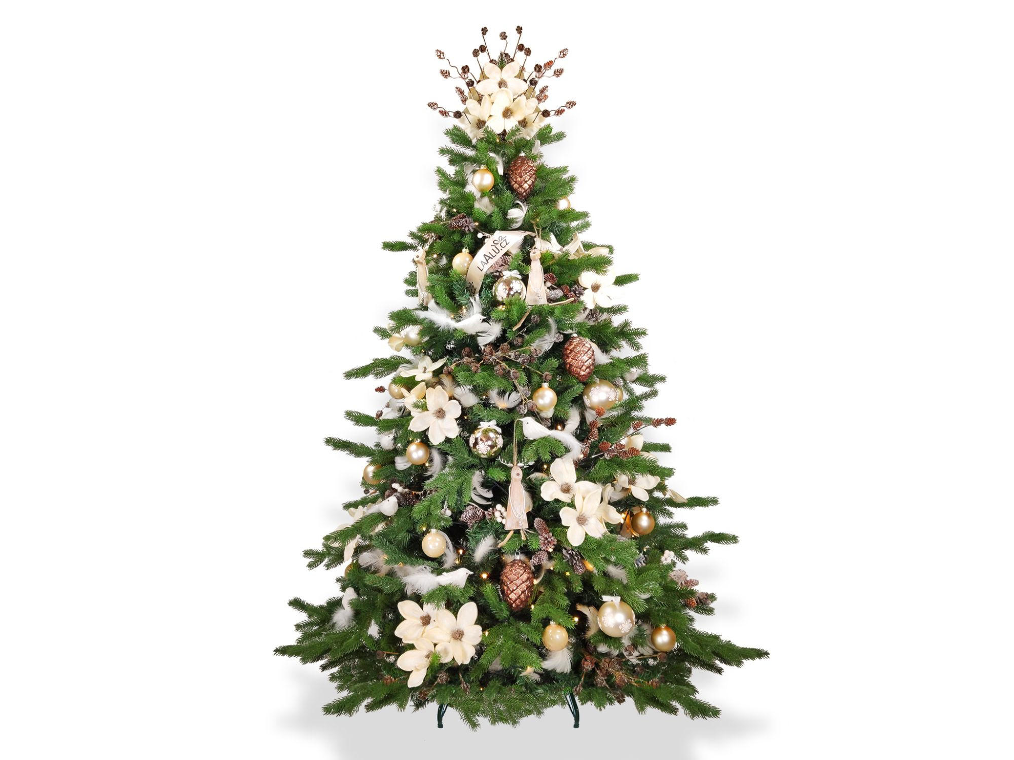 WEIHNACHTSBAUM geschmückt künstlich mit 136 Ornamenten ELEGANZ DER NATUR 240 cm Baum mit Ständer und Weihnachtsornamenten - Creme/Braun, Kunststoff (240cm) - LAALU