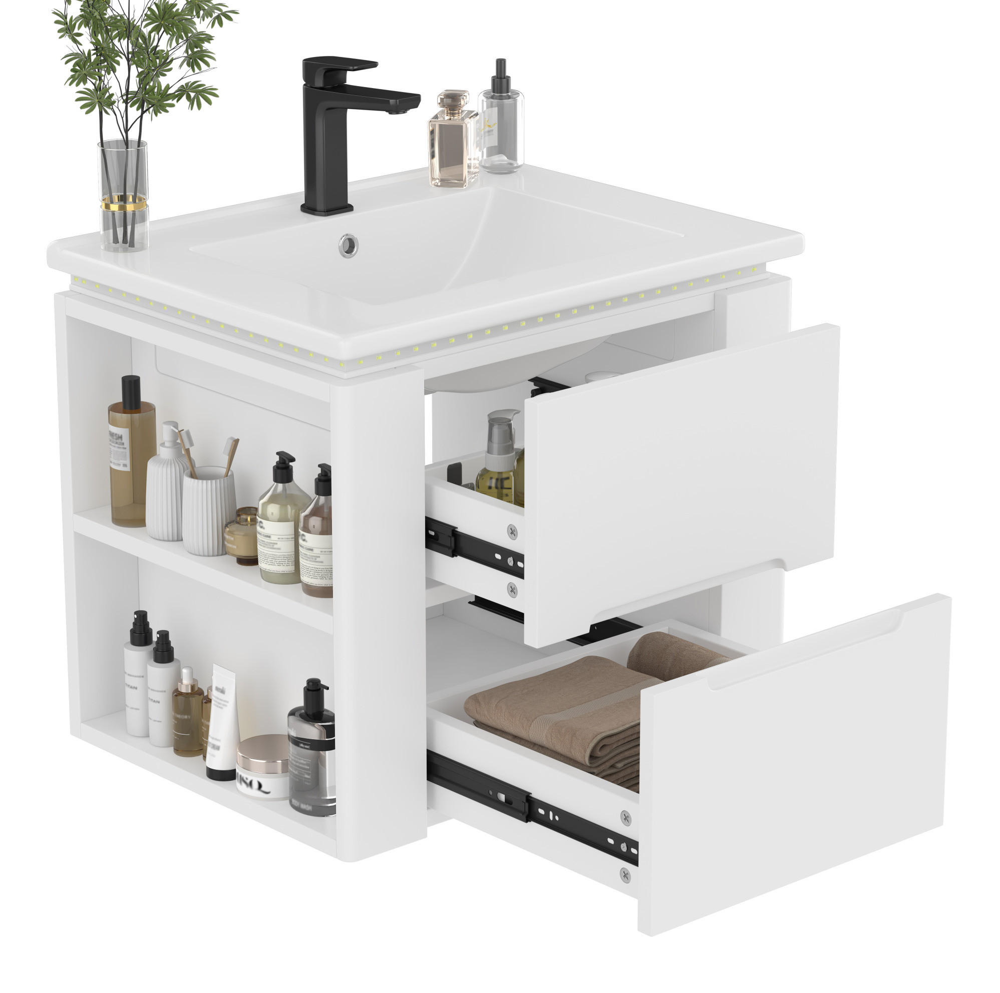 OKWISH KOUPELNOVÁ závěsná skříňka 60/46/48,5 cm bílá z MDF a keramiky s LED senzorem a umyvadlem