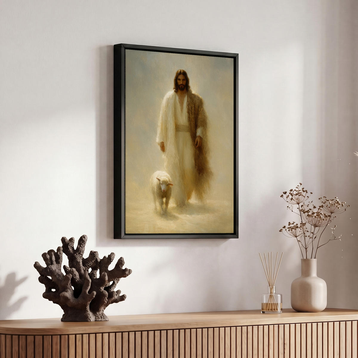 LEINWAND Bilder mit Rahmen - Schaf - Jesus - Pinselstriche - Abstrakt - 20x30 - Beige, Textil (20/30cm) - MuchoWow