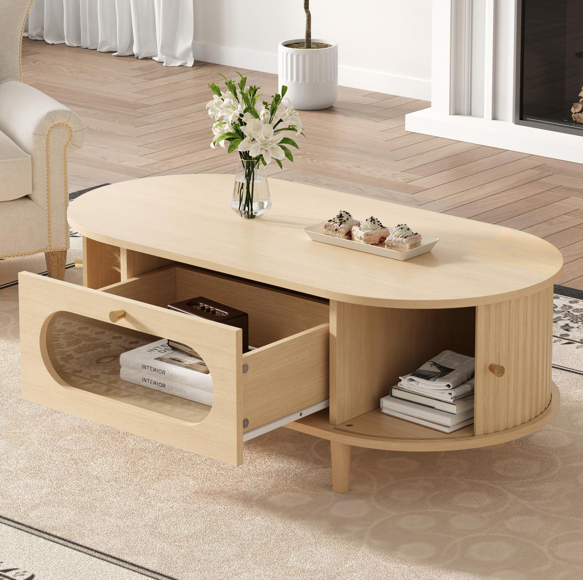 KONFERENČNÍ stolek z MDF 100x50x36 cm dubová barva se zásuvkou, roletovými dvířky a skleněným čelem - barva dubu, kompozitní dřevo (100/50/36cm) - Modfu