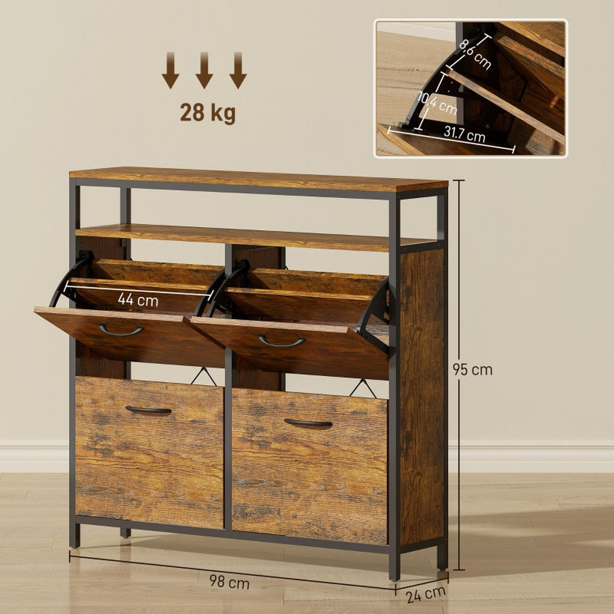 SCHUHKIPPER DE-38030 98/24/95 cm mit 4 Klappfächern Braun - Braun, Holzwerkstoff (98/95/24cm) - ComfortXL