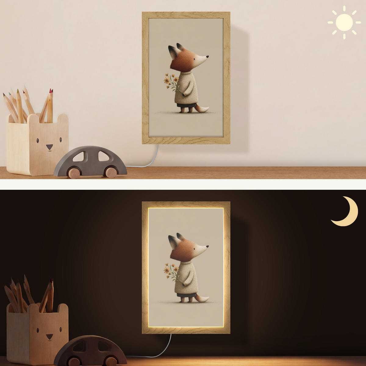NÁSTĚNNÁ LAMPA Liška - Žluté květy - Minimalistický 20x30 cm - šedohnědá, kompozitní dřevo (20/30/8cm) - OnlyWow