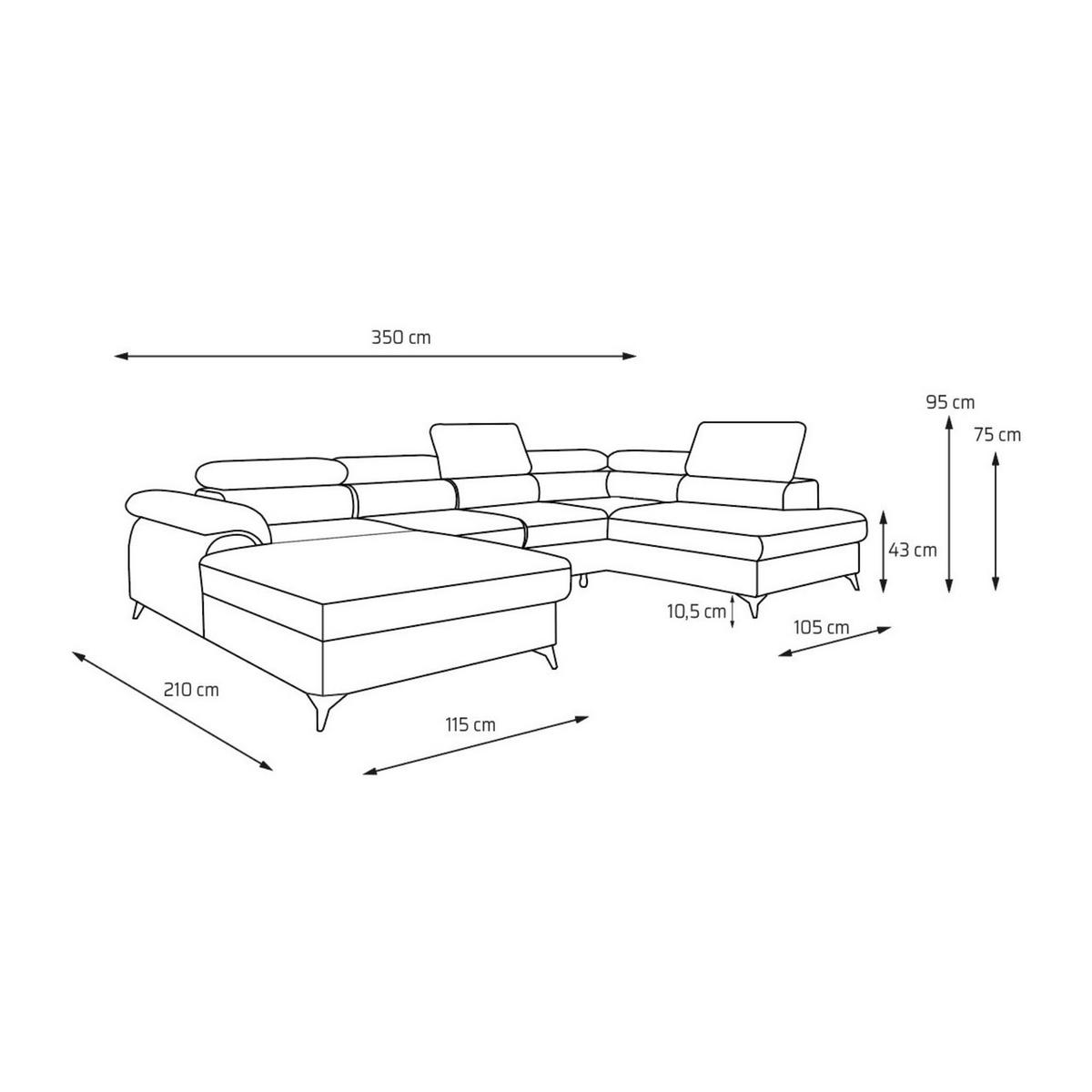 ECKSOFA U-Form PLAZA U Rechts mit Schlaffunktion 125x256 Velours Dunkelgrau - Dunkelgrau/Schwarz, Holz/Kunststoff (210/95/350cm) - Muffo