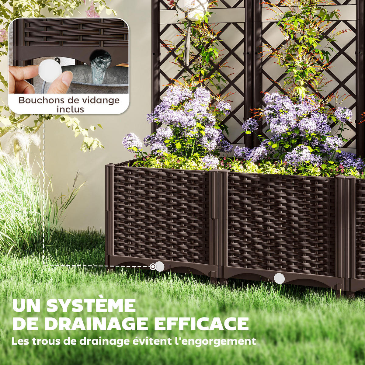 HOCHBEET DE-12208 mit Rankgitter 120/40/135 cm mit 8 Drainagelöchern Braun - Braun, Kunststoff (120/135/40cm) - ComfortXL