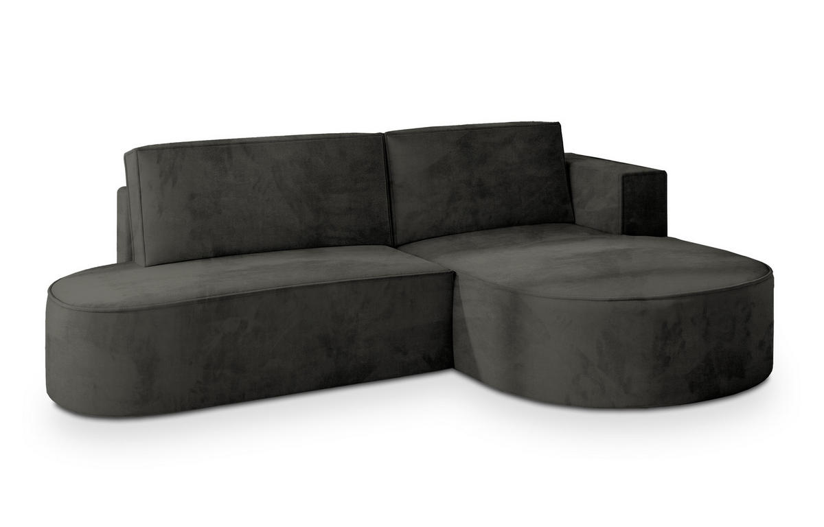 ECKSOFA CORTIO M R-S Schwarz Velours-Stoff mit Schlaffunktion - Schwarz, Holz (265/174cm) - MASSENO
