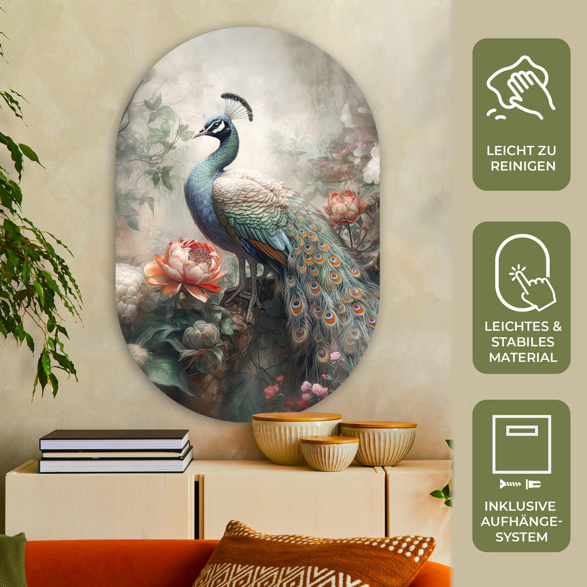 WANDBILD Pfau - Pfauenfedern - Vogel - Dschungel - Blumen 80x120 cm - Smaragdgrün, Kunststoff (80/120cm) - MuchoWow