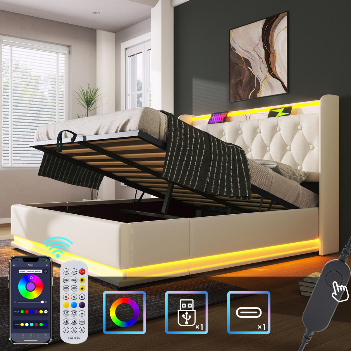 POLSTERBETT 140/200 cm weiß aus PU mit LED, Stauraum und USB Typ-C - Weiß, Kunststoff (140/200cm) - OKMYHOME