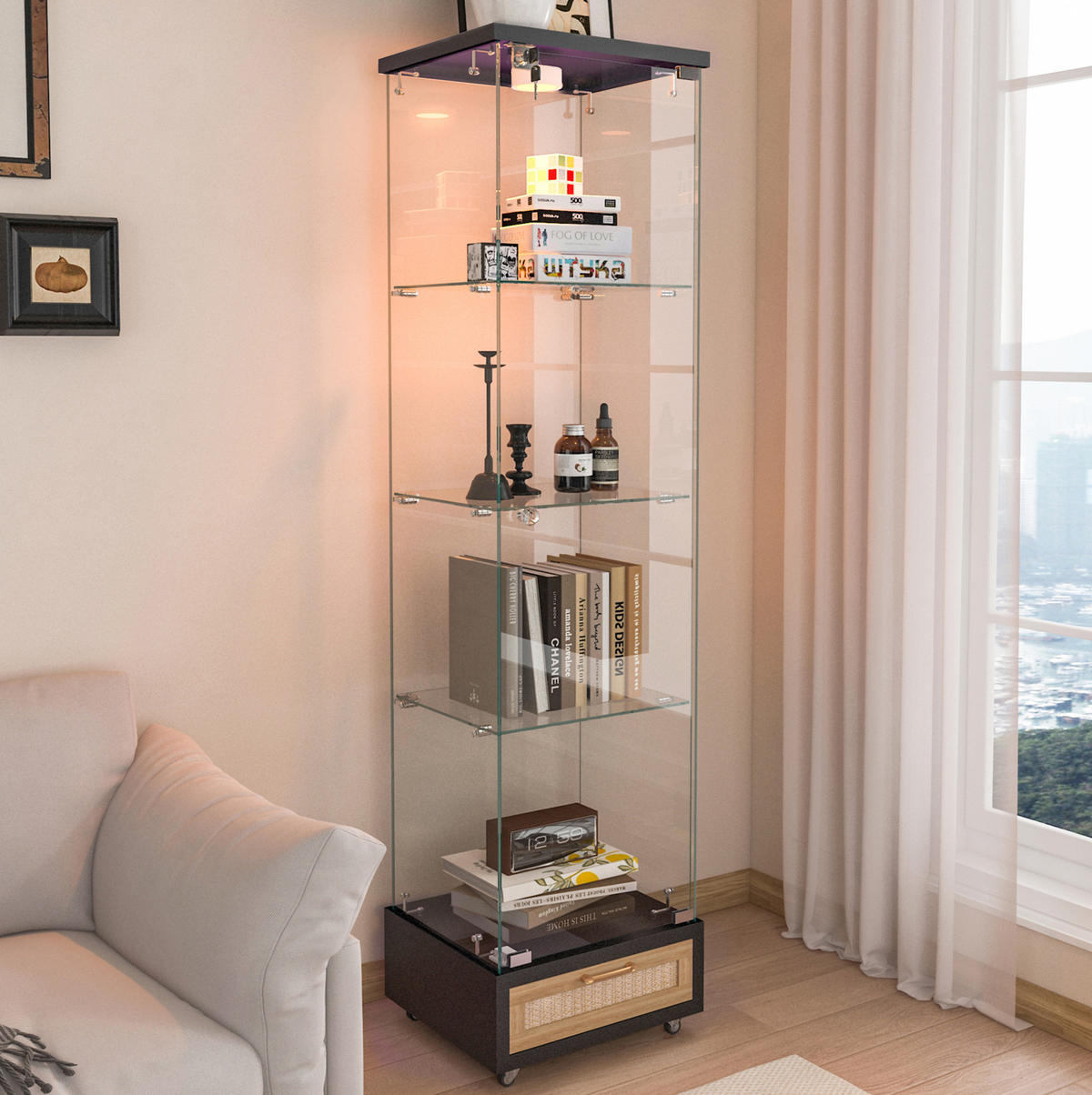VITRINE 42,5/36,5/167 cm aus MDF und Glas mit LED-Beleuchtung Schwarz - Schwarz, Holzwerkstoff (42.5/167/36.5cm) - Modenvie
