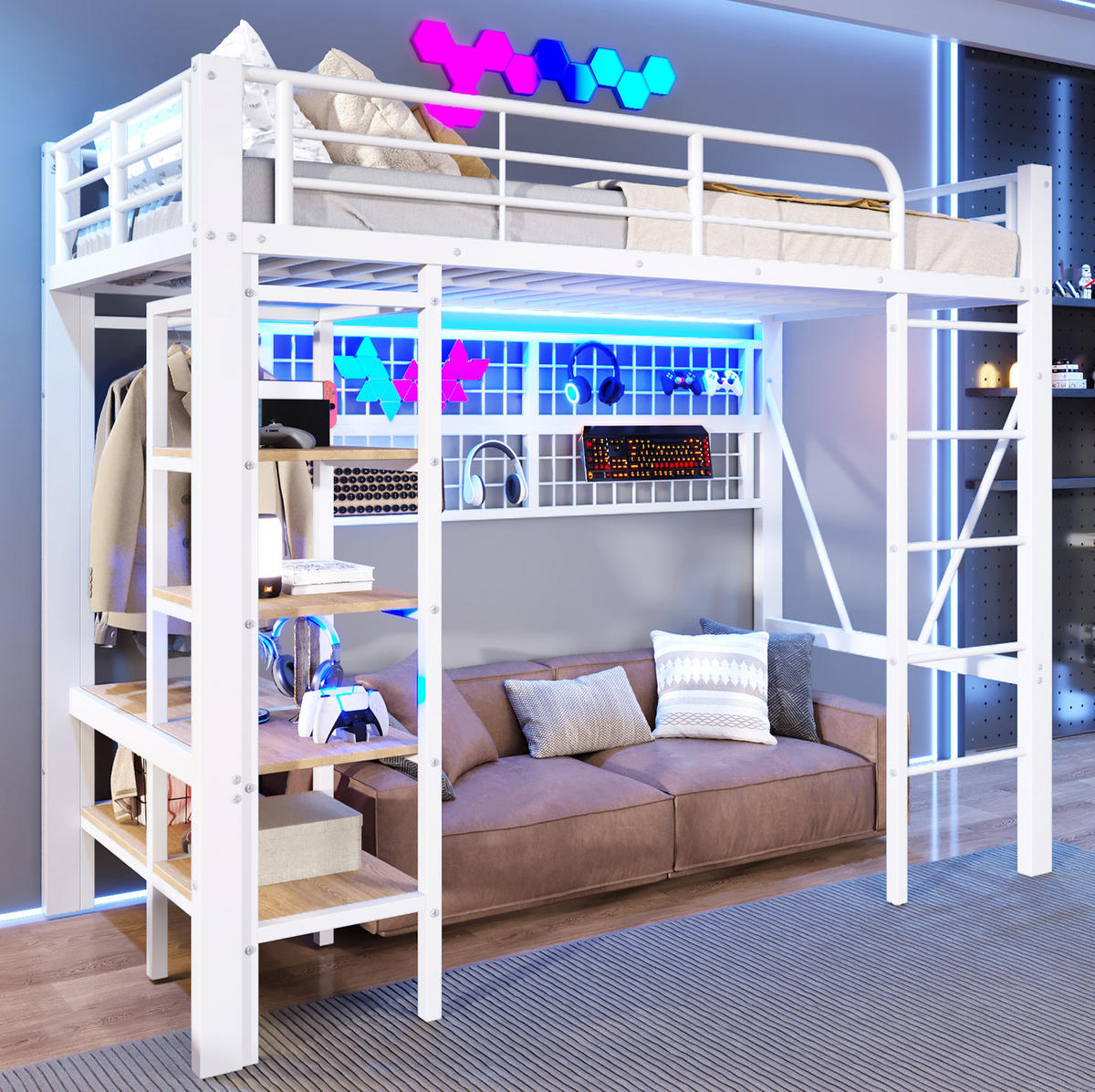 HOCHBETT aus Metall und MDF 90x200 cm Weiß mit Schreibtisch, LED-Beleuchtung, USB-Anschluss und Stauraumleiter - Weiß, Metall (90/200cm) - Modfu