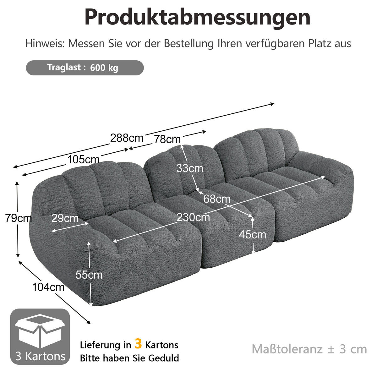 3-SITZER-SOFA DE-34312 mit Tiefsitz Grau - Grau, Textil (104/79/288cm) - ComfortXL