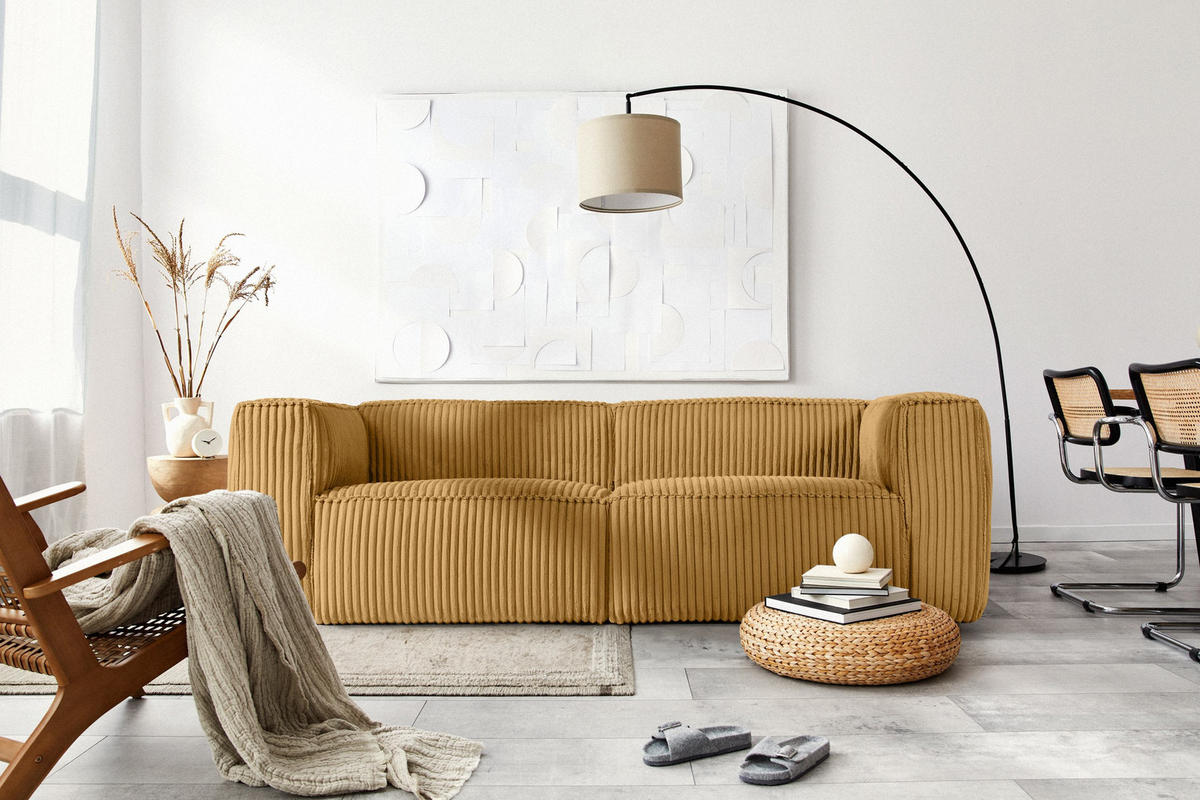3-SITZER-SOFA FEROX Modern, Cord-Stoff, gelb - Gelb, Textil (246/73/96cm) - KONSIMO®