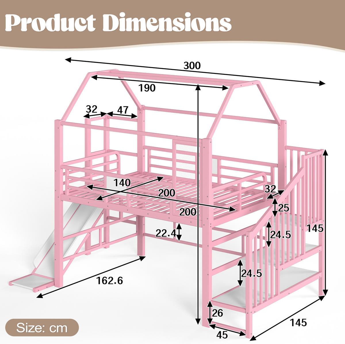 KINDERHOCHBETT MDF & Metall 140x200 cm Pink im Hausdesign mit Rutsche, Treppe mit Ablagen und LED-Beleuchtung - Pink, Holzwerkstoff (140/200cm) - Modfu