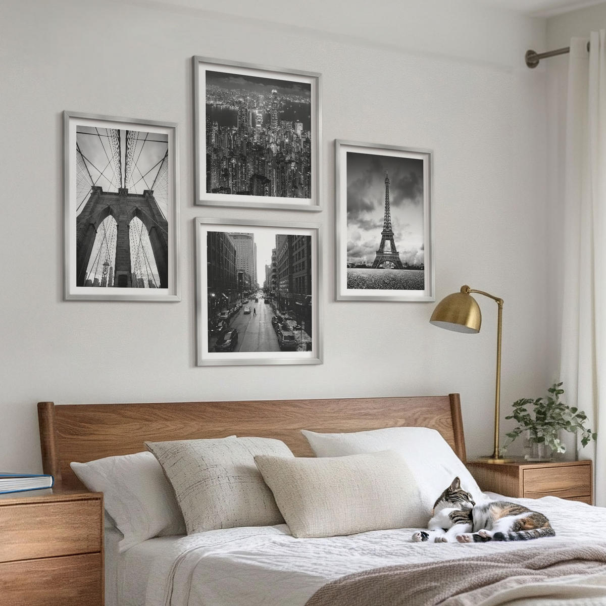 WANDBILDER 4er Set - 50x50 cm & 40x60 cm Silberner Rahmen - Monochromatische Brückentürme - Silberfarben, Kunststoff (50/50cm) - ArtPrintCave