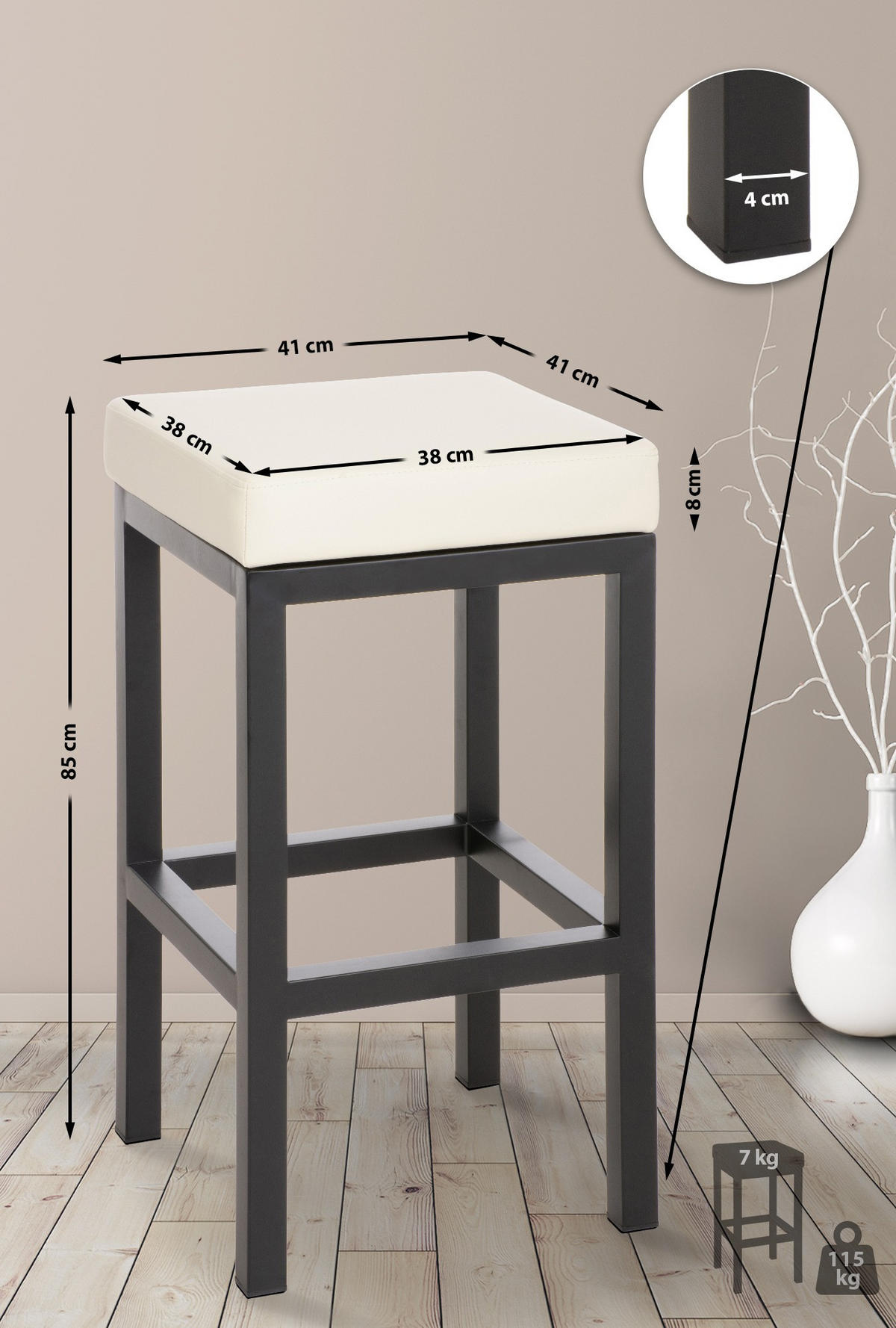 BARHOCKER KIEL Creme Kunstleder Stahl 85 cm Höhe - Creme, Metall (41/85/41cm) - DELUKE