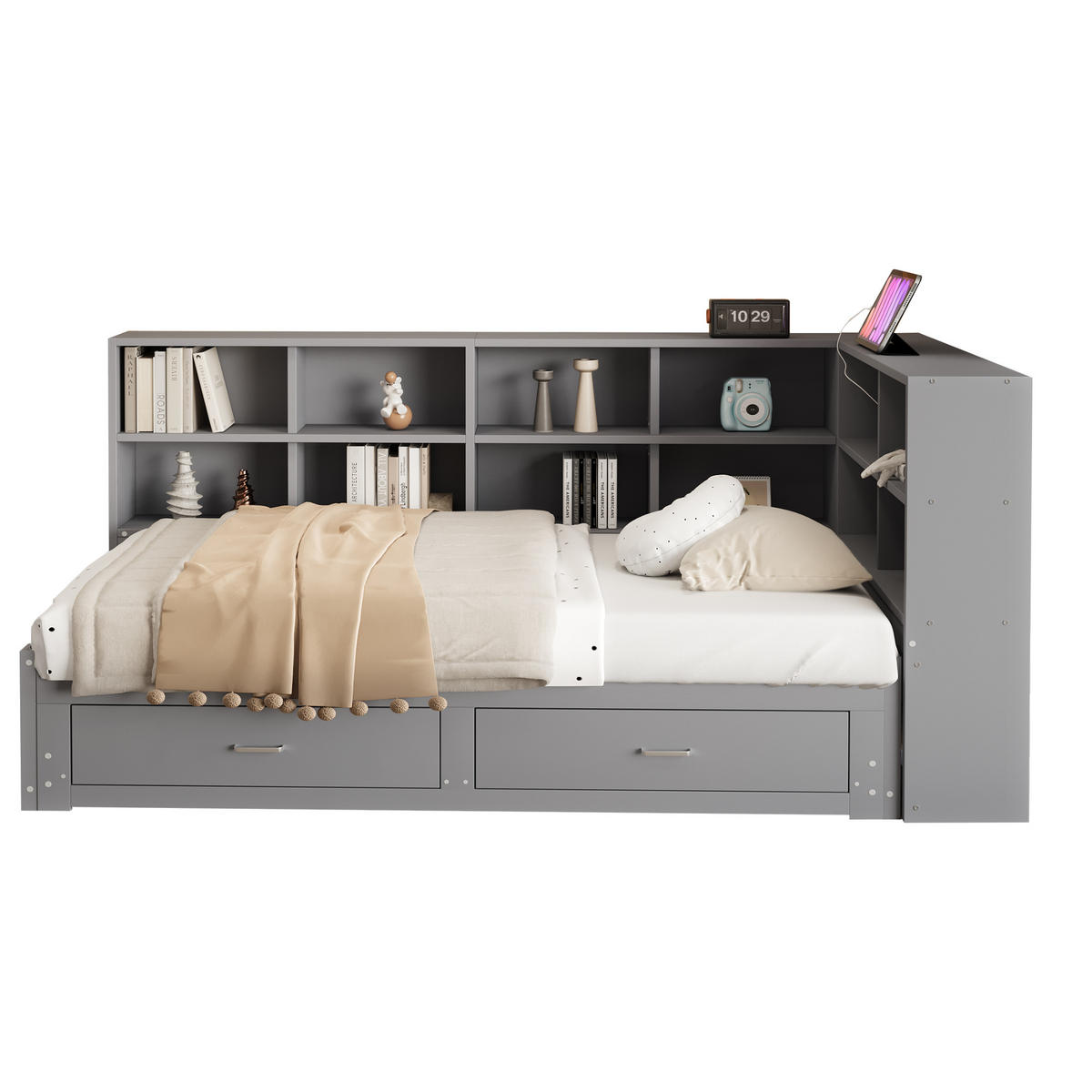 MULTIFUNKTIONSBETT 90/190 cm grau aus Holz mit Stauraum und Steckdose - Grau, Holzwerkstoff (90/190cm) - OKWISH