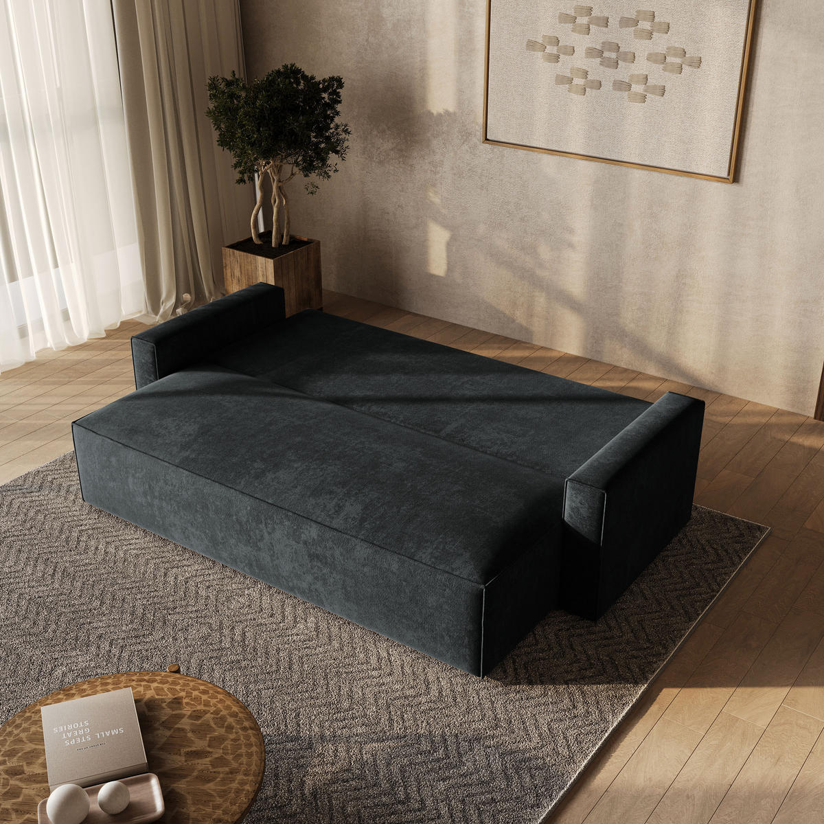 BETTSOFA MENI LM Schwarz Chenille-Stoff mit Schlaffunktion - Schwarz, Textil (232/85/87cm) - MASSENO