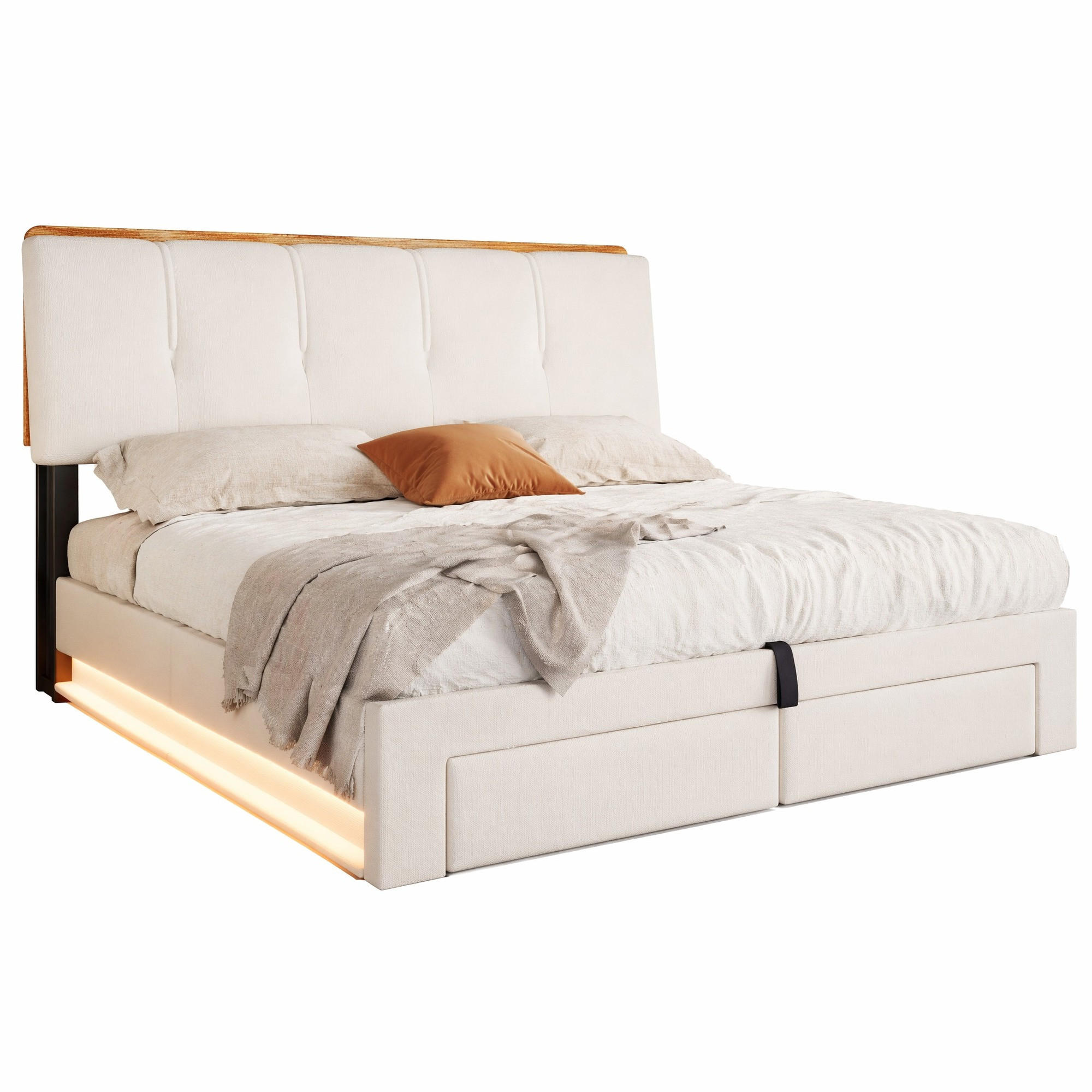 POLSTERBETT 140/200 mit Stauraum, Schubladen und gepolstertem Kopfteil in Beige - Beige, Holzwerkstoff/Textil (140/200cm) - EVRYAE