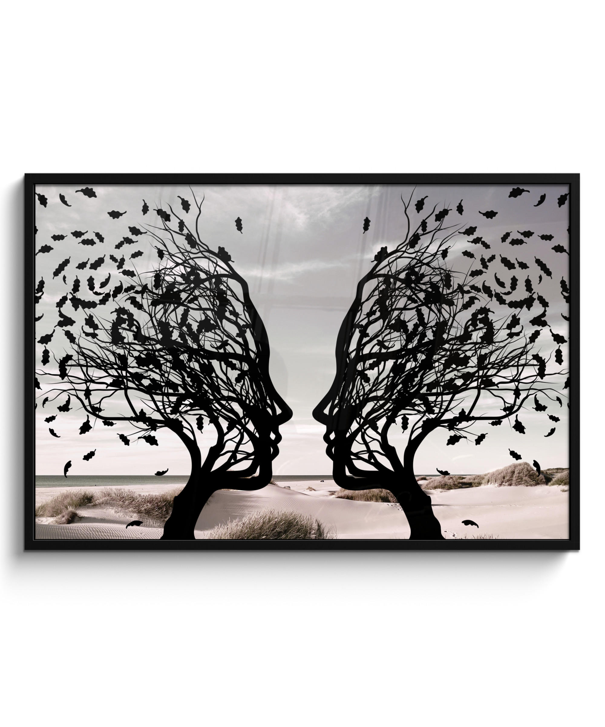 POSTER MIT RAHMENGERAHMTES BILD Strand - Meer - Menschen - Baum - Moderne Kunst 120x80 cm - Hellgrau, Papier (120/80cm) - MuchoWow