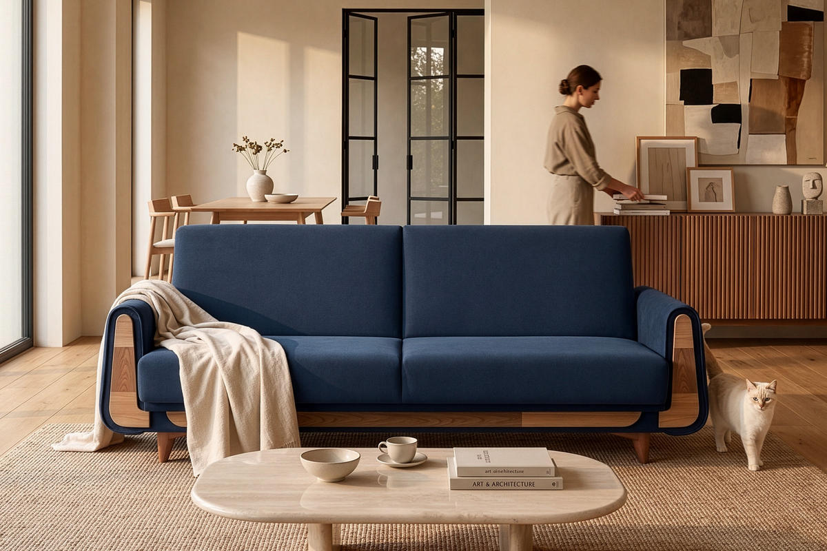 3-SITZER-SCHLAFSOFA GUSTAVO mit Armlehnen, blau - Blau/Braun, Holz/Holzwerkstoff (230/98/98cm) - KONSIMO®
