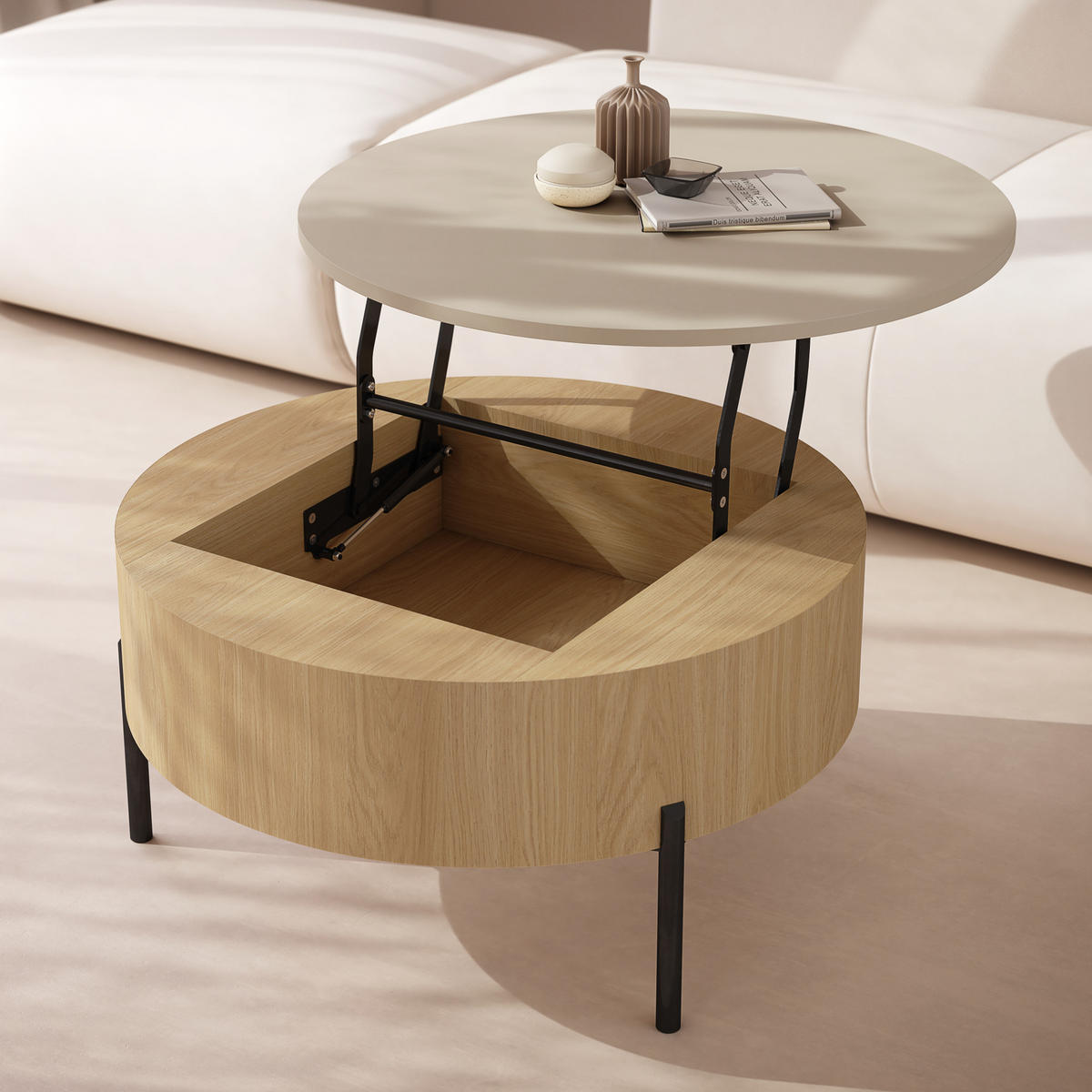 COUCHTISCH rund aufklappbar höhenverstellbar Stauraum 79/79/42 cm - Eichefarben/Beige, Holzwerkstoff (79.5/79.5/42.7cm) - designimpex