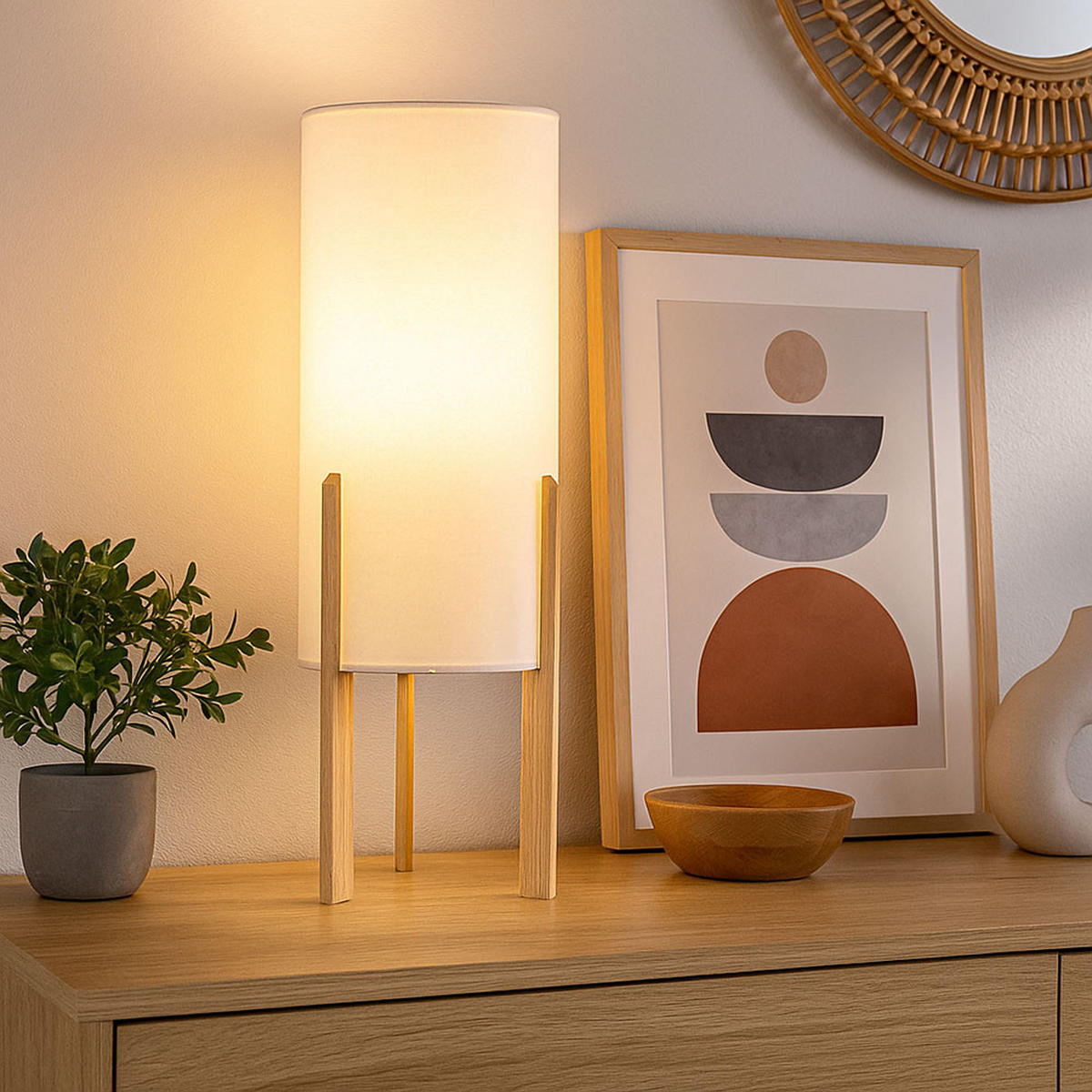 TISCHLEUCHTE Holz Beige Textil - Beige, Holz (16/16/50cm)