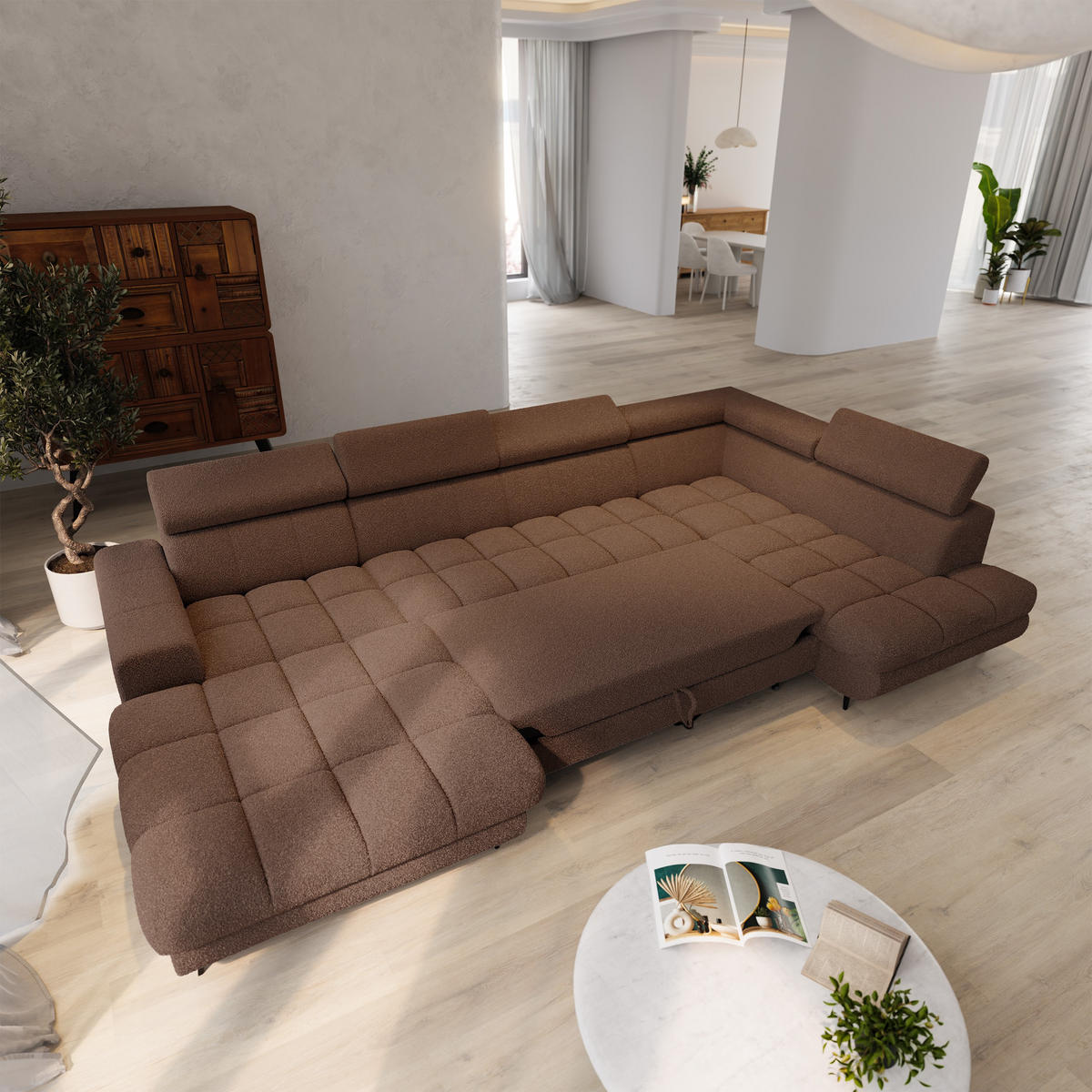 WOHNLANDSCHAFT CORENO Braun Boucle-Stoff mit Schlaffunktion - Braun, Holz (345/88/190cm) - MASSENO