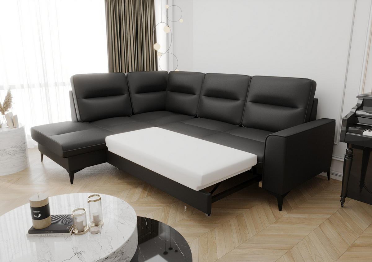 ECKSOFA KONGO RBN14, Eckcouch in L-Form mit Schlaffunktion, Farbe: Schwarz, Kunstleder, Ottomane Links - Schwarz, Textil (260/200cm) - O-Sofa