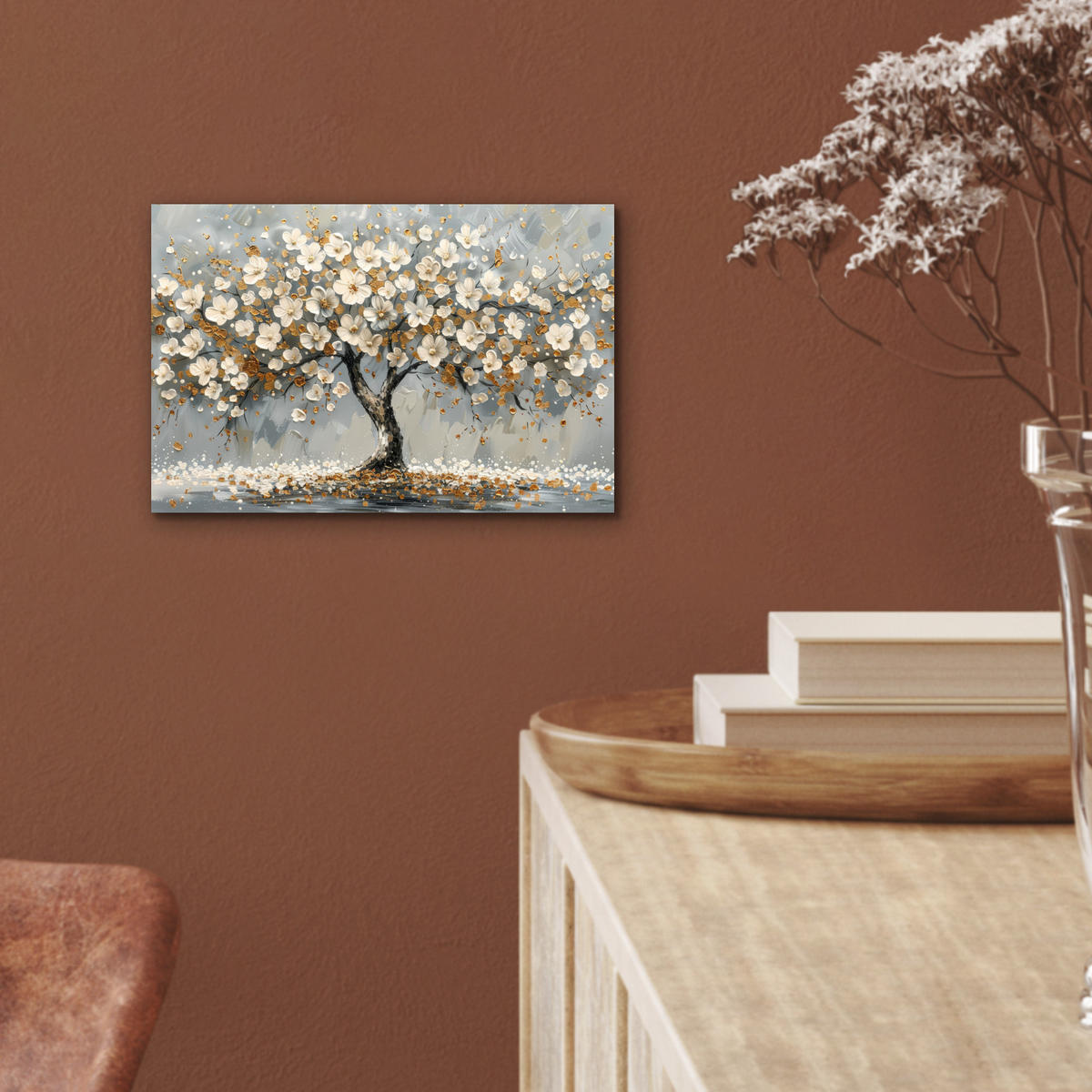 KOVOVÝ OBRAZ Strom - Kvety - Biela - Príroda - Umenie 30x20 cm - biela, kov (30/20cm) - MuchoWow