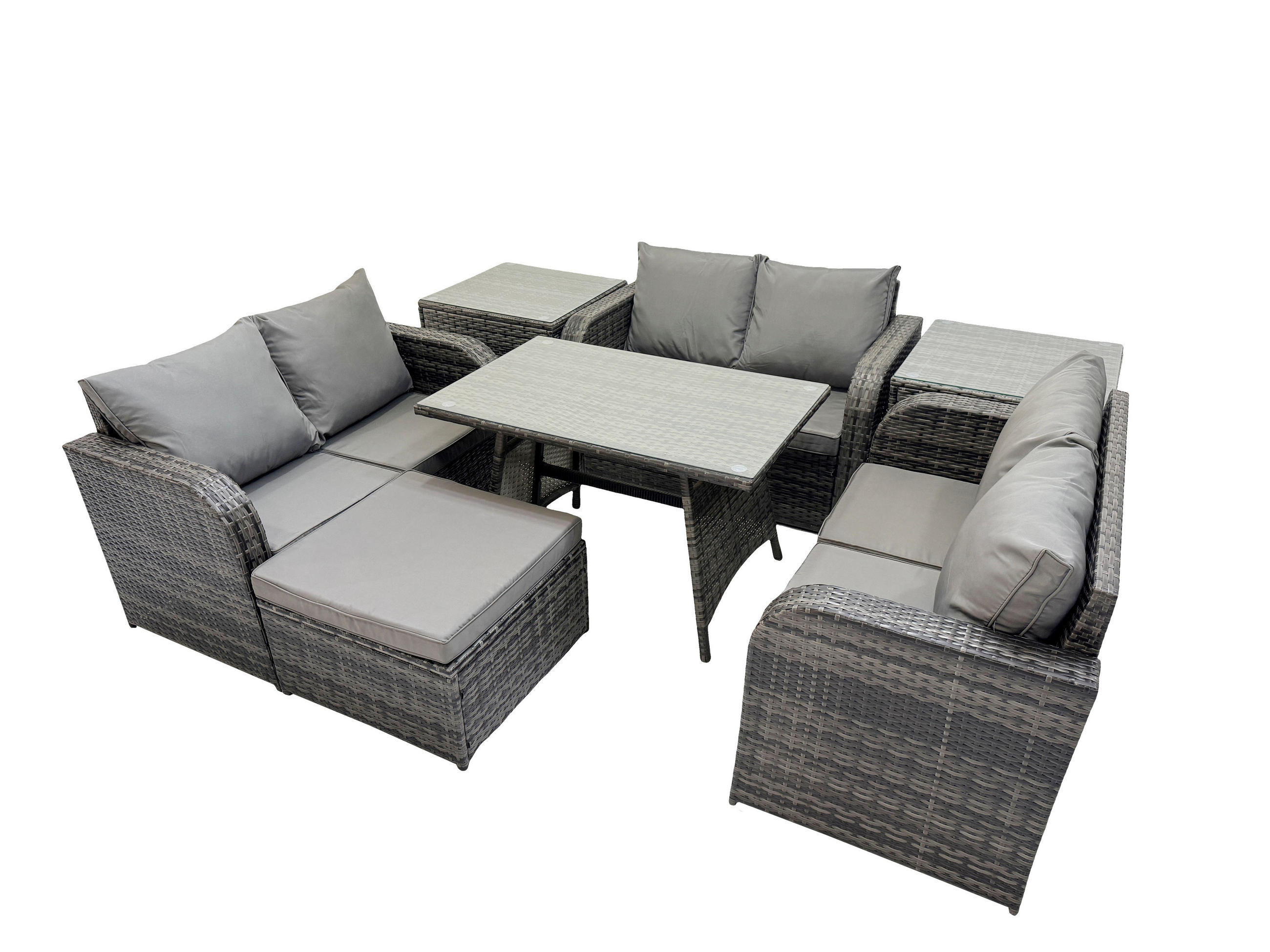 GARTENMÖBELSET mit ESSTISCH,SOFA Polyrattan 7-Sitzer - Dunkelgrau/Grau, Glas/Kunststoff - Fimous