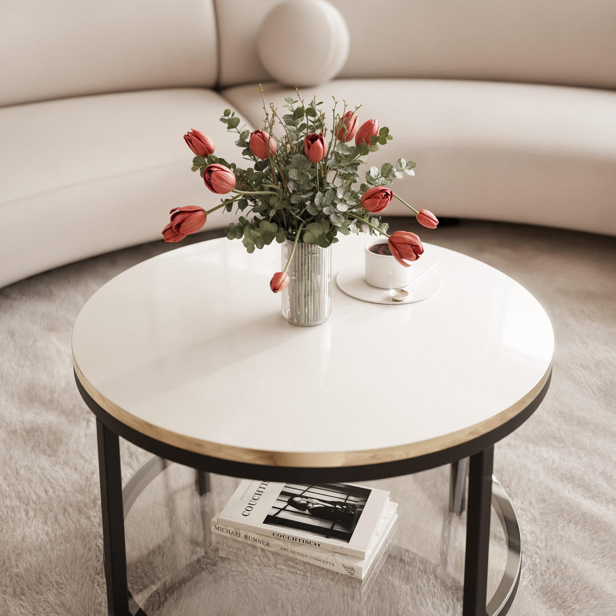 COUCHTISCH CANDY 60/42 cm runden, Schwarz / Weiß Hochglanz / Gold - Weiß Hochglanz/Schwarz, Metall (60/60/42cm) - Idohome