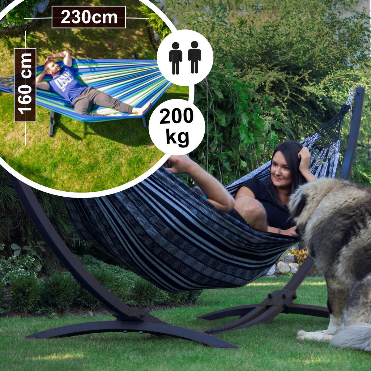 HÄNGEMATTE mit Gestell, 2 Personen, XXL, 200 kg, Metall, Pereira Schwarz, einfache Montage - Schwarz, Metall (370/130/120cm) - Potenza