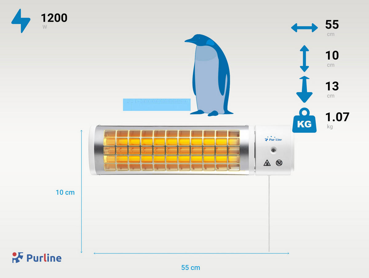 HALOGEN-HEIZUNG für Wandmontage Weiß für Außenbereich und Bad 1200 W - Weiß, Kunststoff/Metall (55/10/13cm) - Purline
