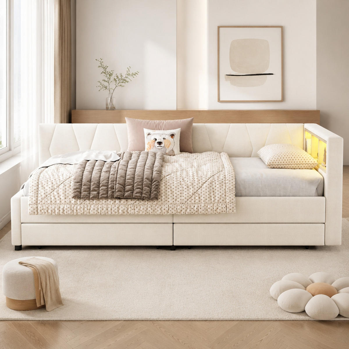 POLSTERBETT 90/200 mit LED, USB- und Type-C-Anschluss, zwei Schubladen und Ablagefächern in Beige - Beige, Holzwerkstoff/Textil (90/200cm) - EVRYAE