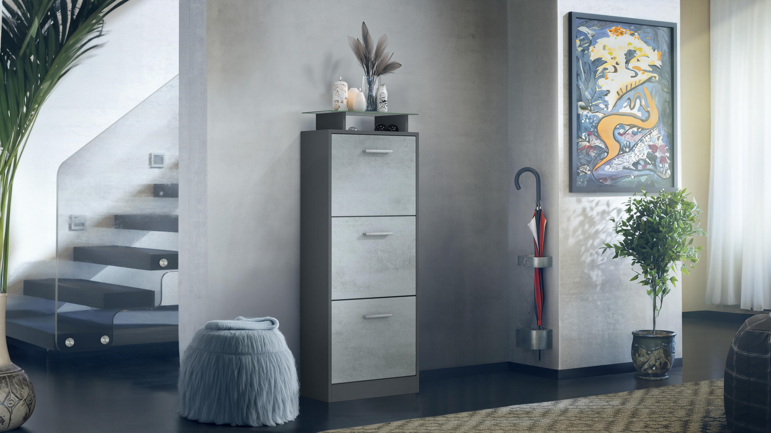 SCHUHSCHRANK Lavia Front in Beton Oxid Optik - Hellgrau, Holzwerkstoff (46/128/23cm) - Vladon