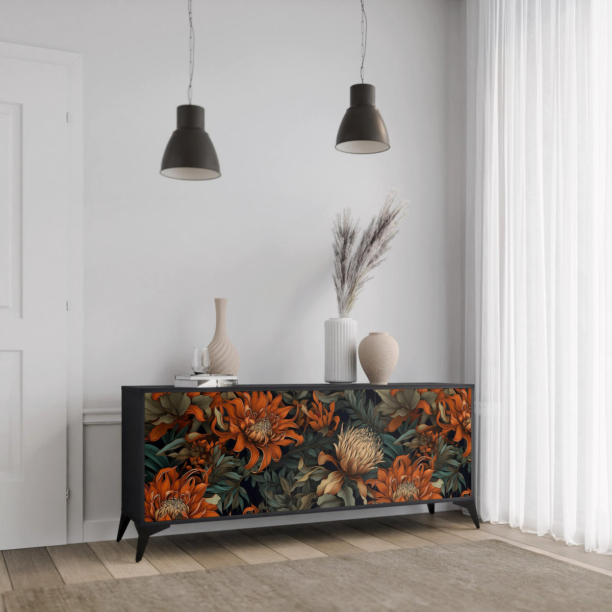 SIDEBOARD DAWN BLOOM, Eicheneffekt, 164,5x42x77,5 cm, 3 Türen - Eichefarben/Buchefarben, Holzwerkstoff/Buchenholz (164.5/77.5/42cm) - SpaceRebels