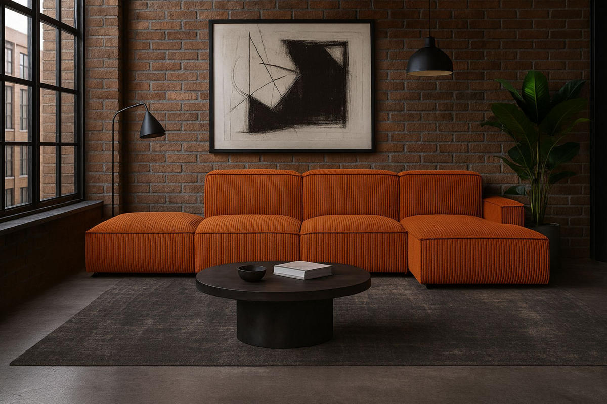 ECKSOFA Cursal L-Form, Stoff Poso, Kupfer + Hocker, Rechts - Orange, Holz (341/166cm) - Kaiser Möbel