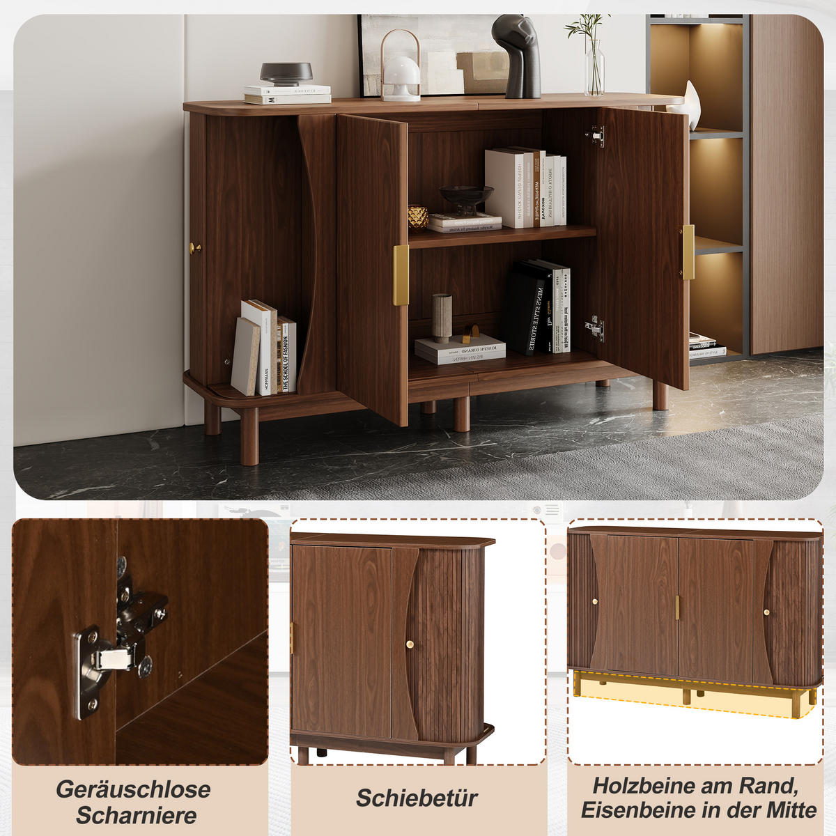 SIDEBOARD 140cm mit geschwungenen Kanten & 2 Türen - Walnussfarben, Holzwerkstoff (140/88/40cm) - Urban Meuble