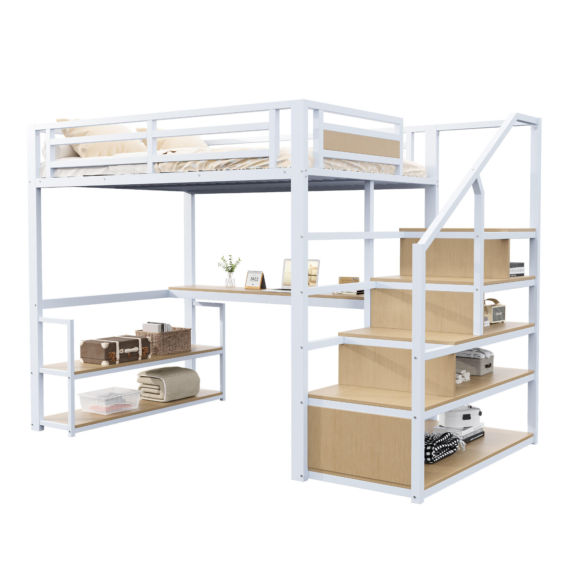 HOCHBETT 140/200 cm aus Metall/MDF mit Regal, Schreibtisch und Stauraumtreppe Weiß - Weiß, Metall (140/200cm) - Modenvie