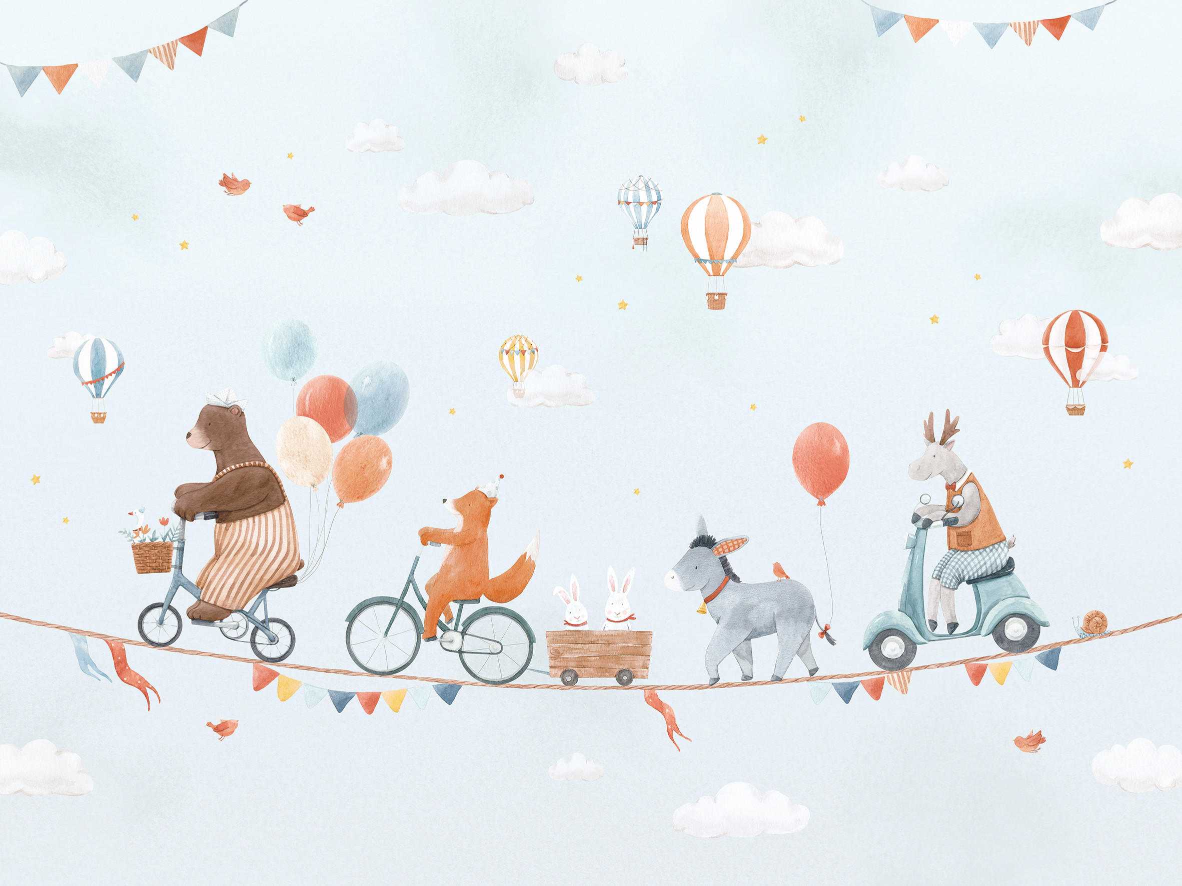 VLIESTAPETE Gentle Friends, Tiere und Luftballons 4m x 3m, blau - Blau, Papier (300/400cm) - Lilipinso