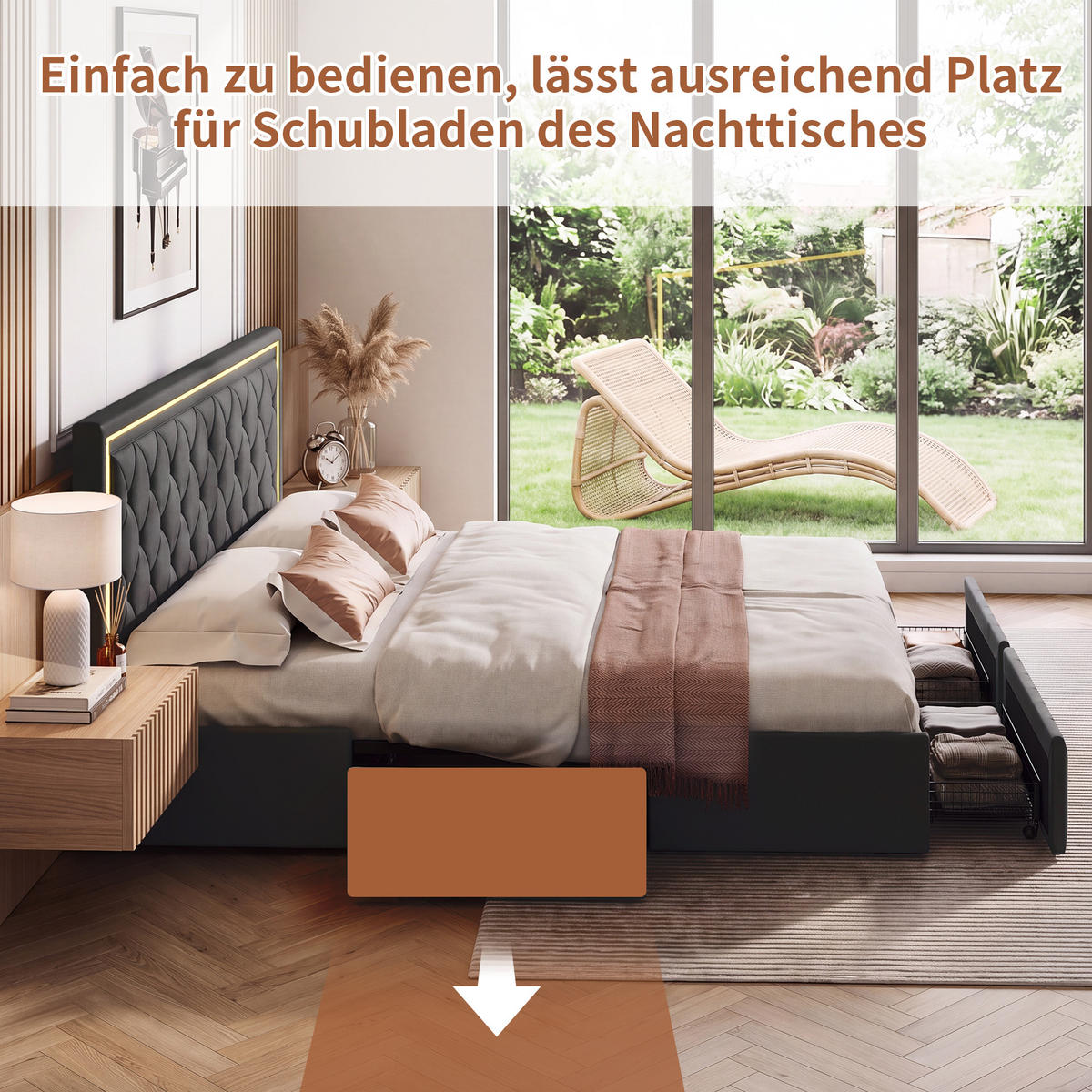 POLSTERBETT Grau 140x200 cm mit LED Kopfteil, 4 Schubladen und Bettkasten - Grau, Holzwerkstoff (140/200cm) - Novahome