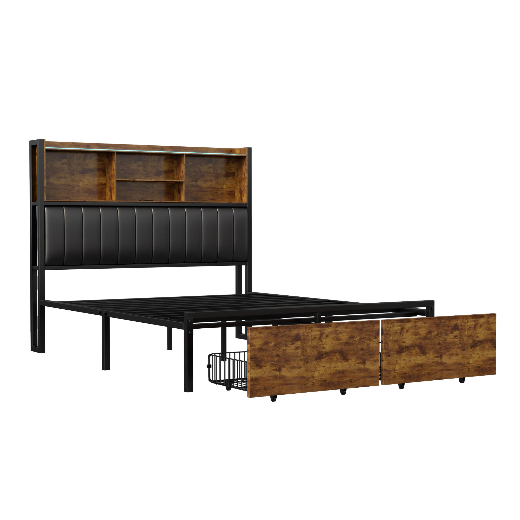 METALLBETT 140x200 cm mit 2 Schubladen, LED, USB, Schwarz - Schwarz, Metall (140/200cm)