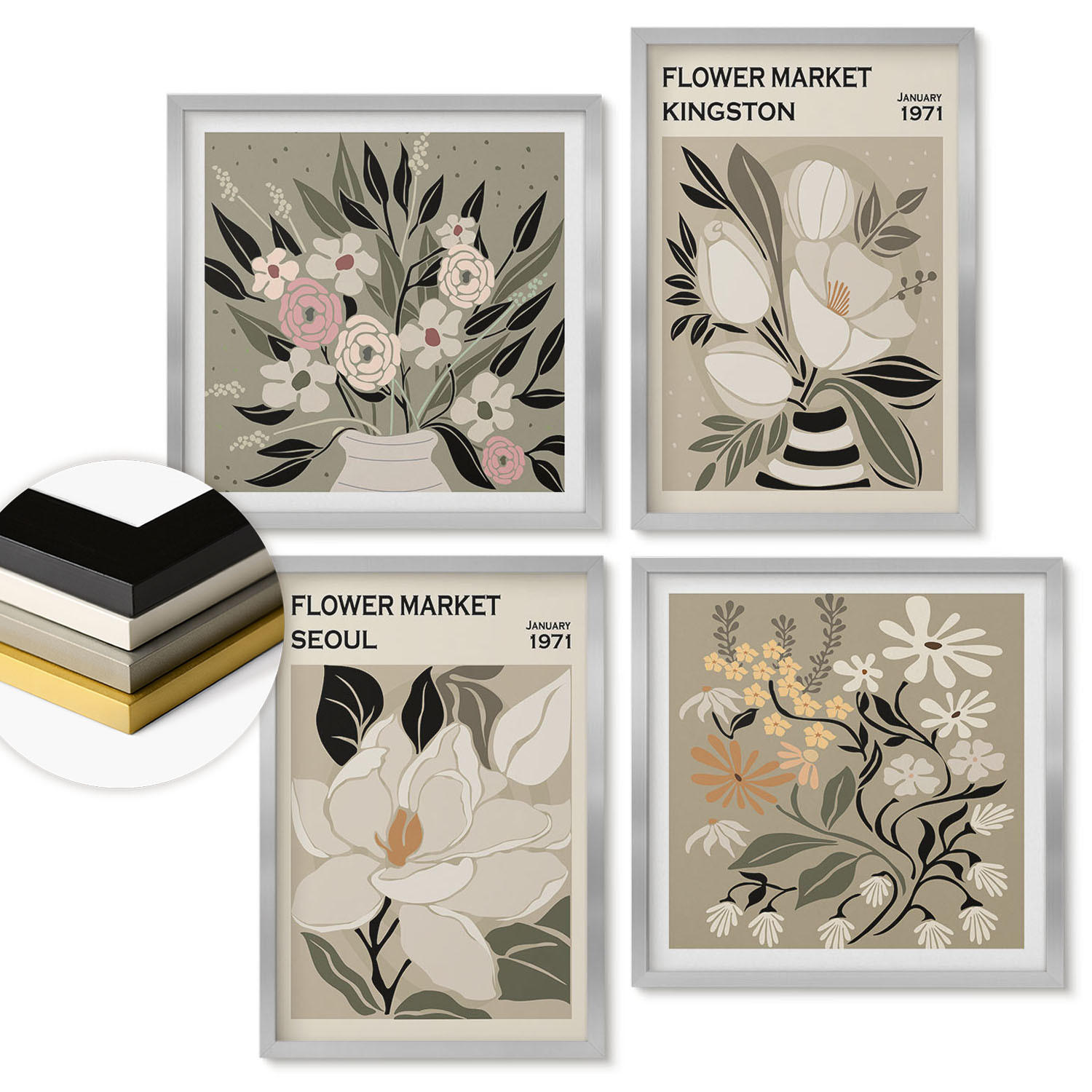 WANDBILDER 4er Set - 50x50 cm & 40x60 cm Silberner Rahmen - Retro-Blumen aus Städten rund um die Welt - Silberfarben, Kunststoff (50/50cm) - ArtPrintCave