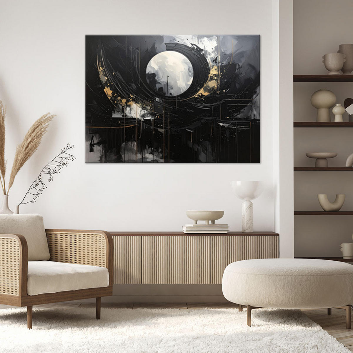 LEINWANDBILD, Mond über einer nächtlichen Stadt in goldenen Reflexen - Schwarz, Textil (30/20cm) - Feeby