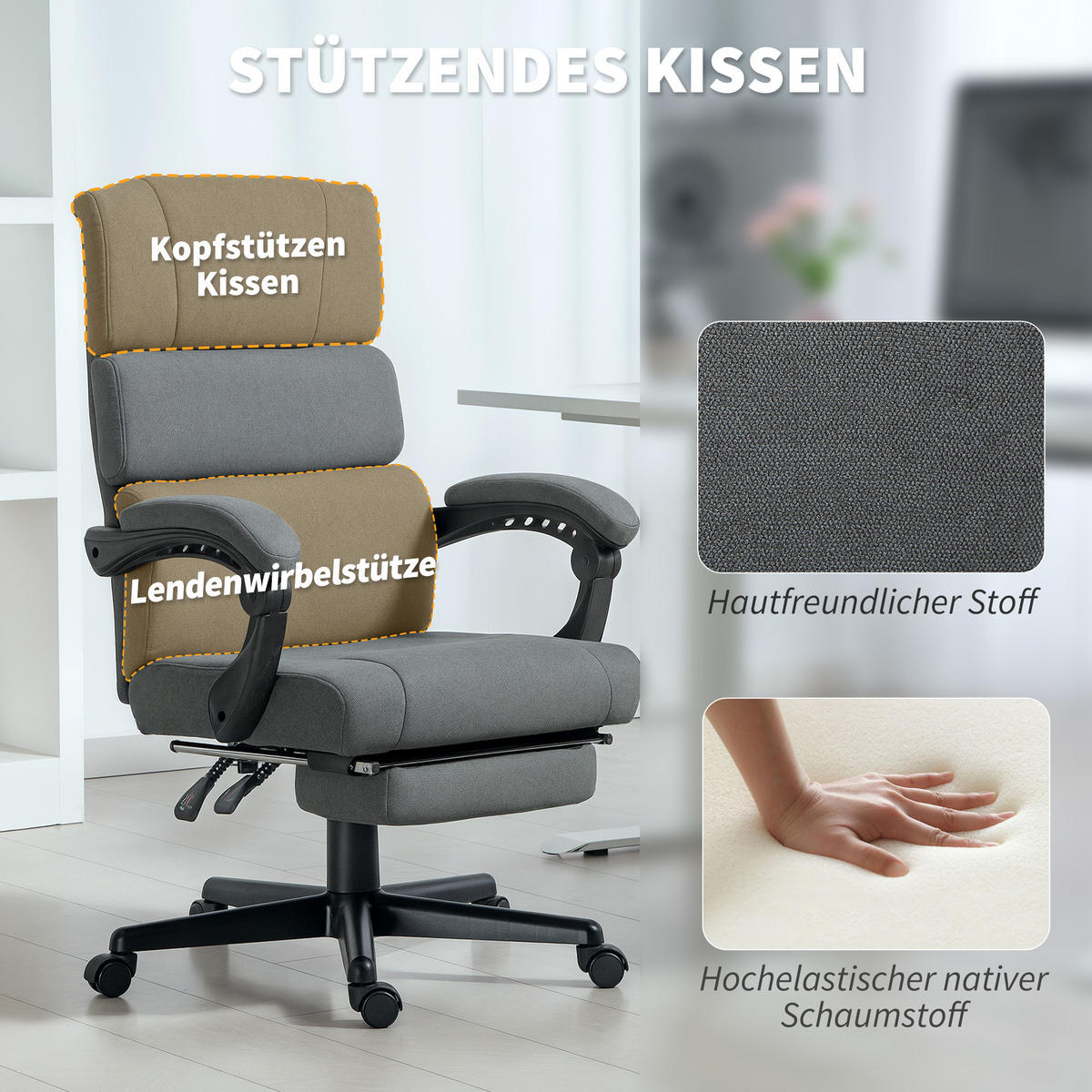 BÜROSTUHL, Ergonomischer Schreibtischstuhl mit Kopfkissen Lendenkissen Fußstütze - Dunkelgrau, Textil (56/115/68.5cm) - HOMCOM