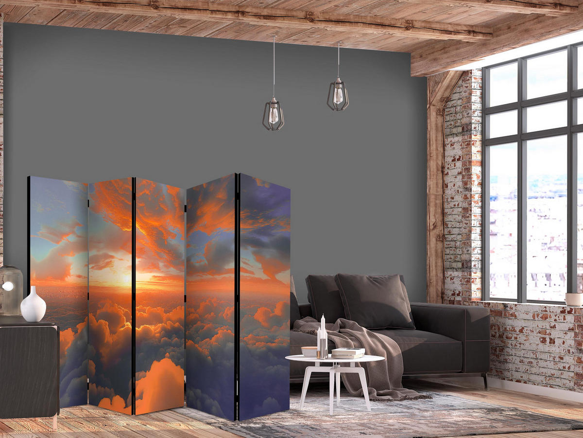 PARAVÁN Obojstranný 5-dielny 225x172 cm Západ Slnka a Oblaky - oranžová, drevo/textil (225/172/3cm) - Muralo