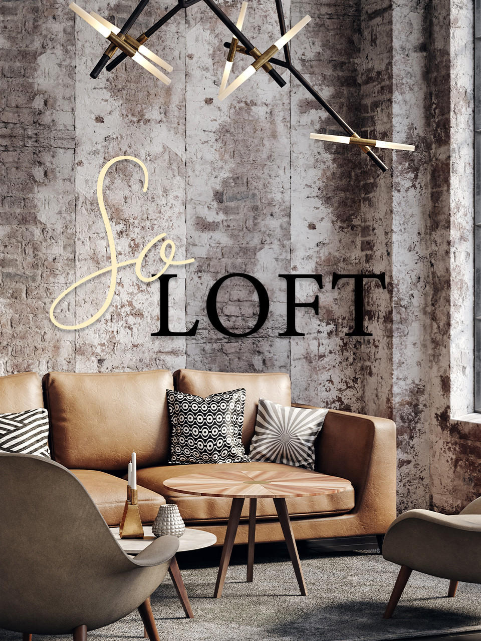 Industrial Style Wohnzimmer braune Couch Sofa