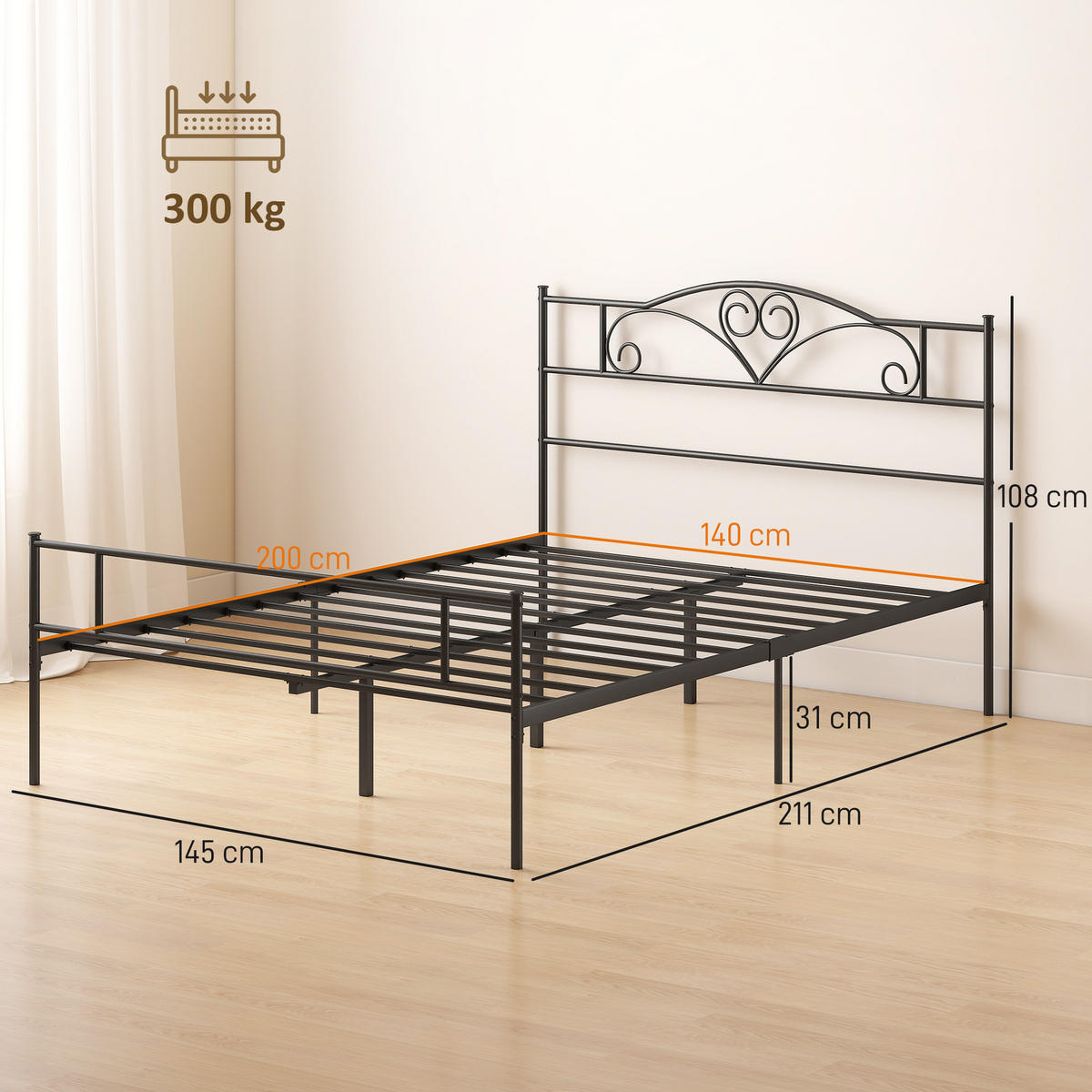 BETTGESTELL 140x200 cm DE-08201 mit Kopfteil, 300 kg belastbar Schwarz - Schwarz, Metall (140/200cm) - ComfortXL