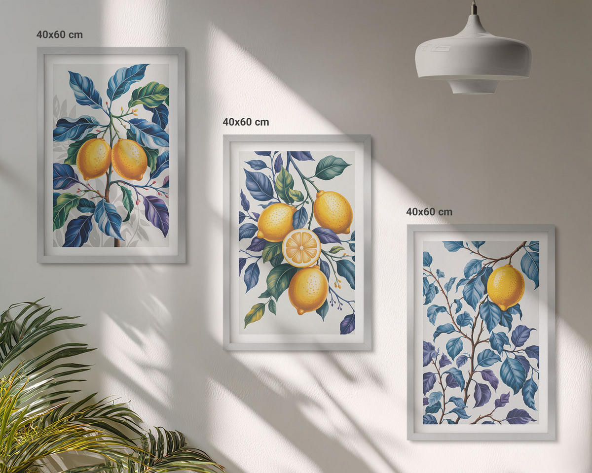 BILDER SET 3er Set - 40x60 cm Silberner Rahmen - Zitronenzweige mit blauen Blättern - Silberfarben, Kunststoff (40/60cm) - TULUP